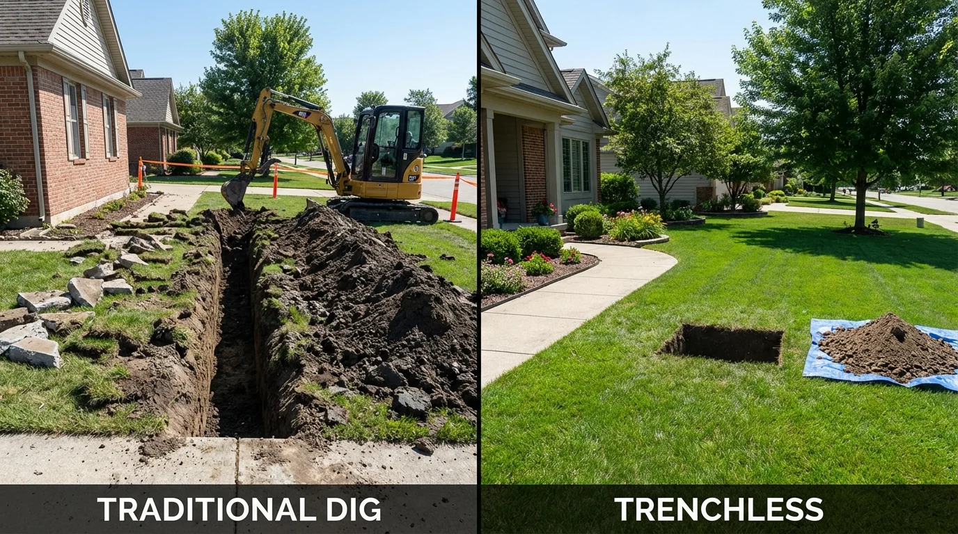 Trenchless sewer repair with minimal yard damage versus traditional excavation in Rochester, MN