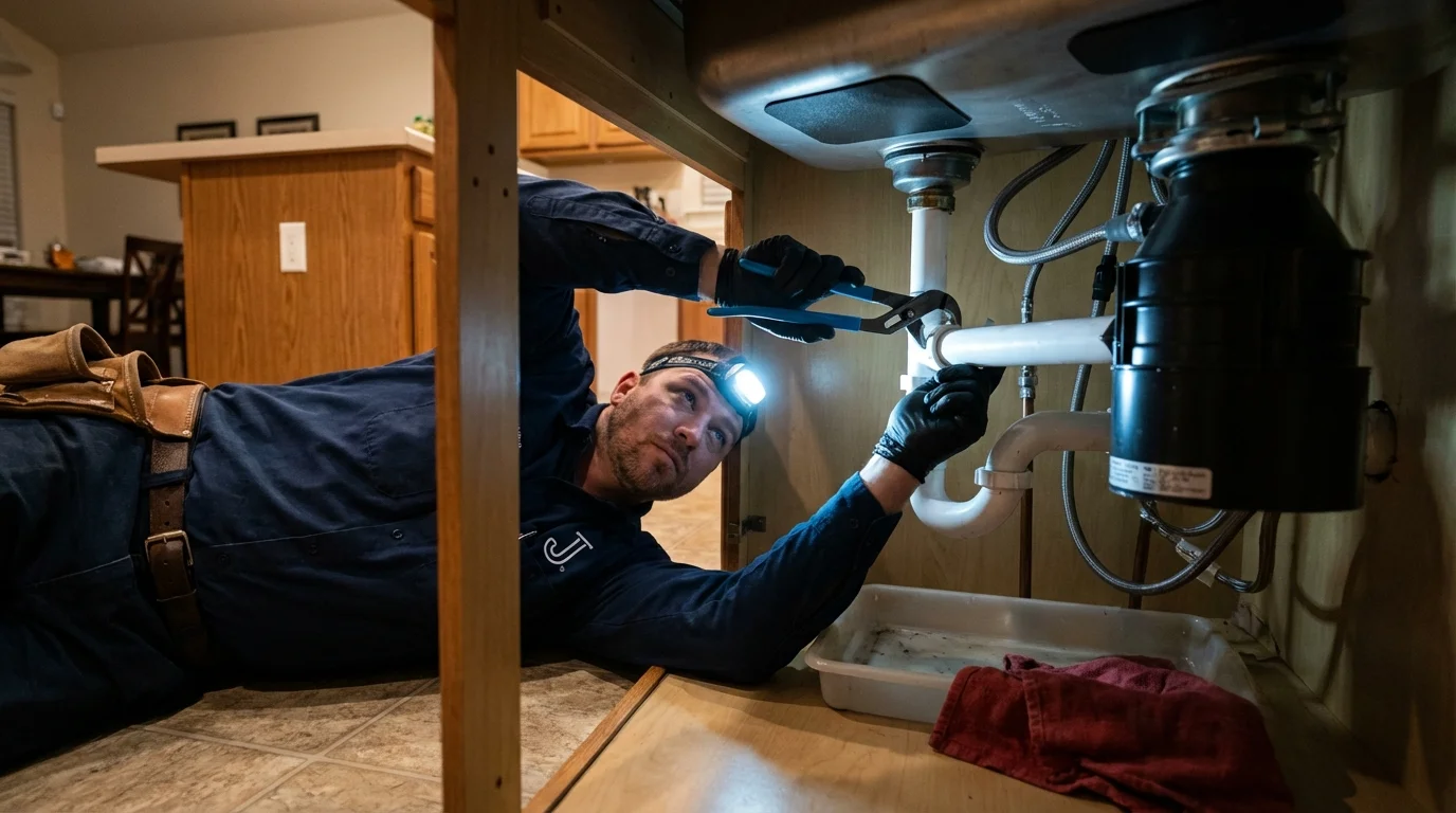 P-trap and supply line connections under a kitchen sink showing a common leak point in Rochester, MN